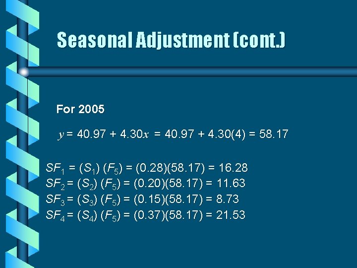 Seasonal Adjustment (cont. ) For 2005 y = 40. 97 + 4. 30 x