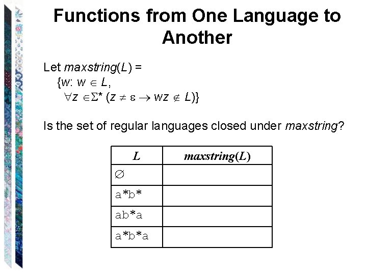 Functions from One Language to Another Let maxstring(L) = {w: w L, z *