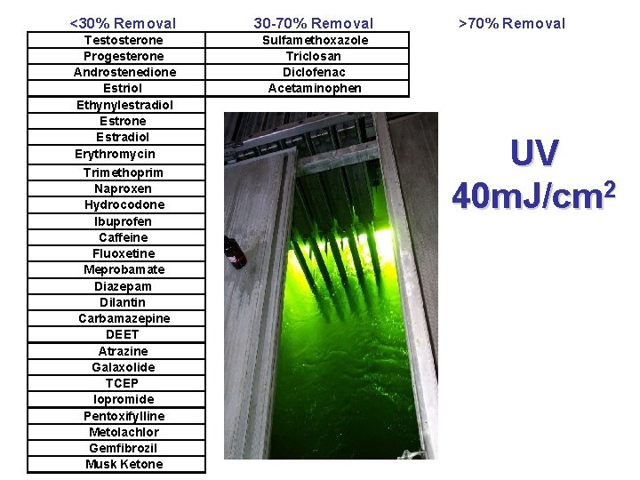 <30% Removal 30 -70% Removal Testosterone Progesterone Androstenedione Estriol Ethynylestradiol Estrone Estradiol Erythromycin Trimethoprim