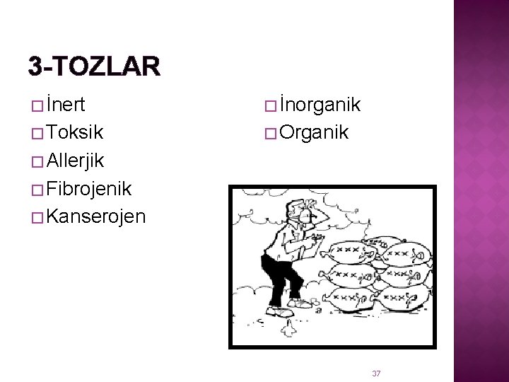 3 -TOZLAR �İnert �İnorganik �Toksik �Organik �Allerjik �Fibrojenik �Kanserojen 37 