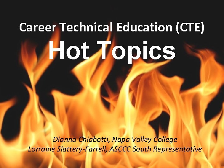 Career Technical Education (CTE) Hot Topics Dianna Chiabotti, Napa Valley College Lorraine Slattery-Farrell, ASCCC