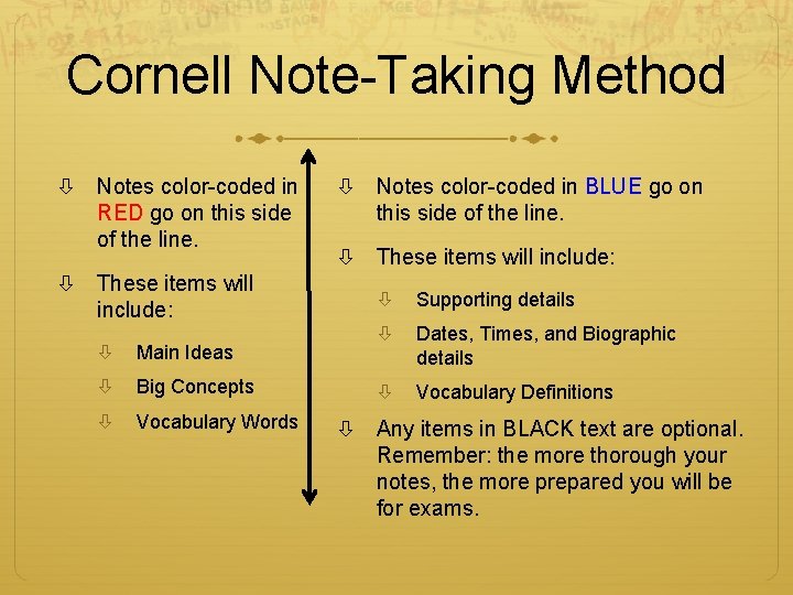 Cornell Note-Taking Method Notes color-coded in RED go on this side of the line.