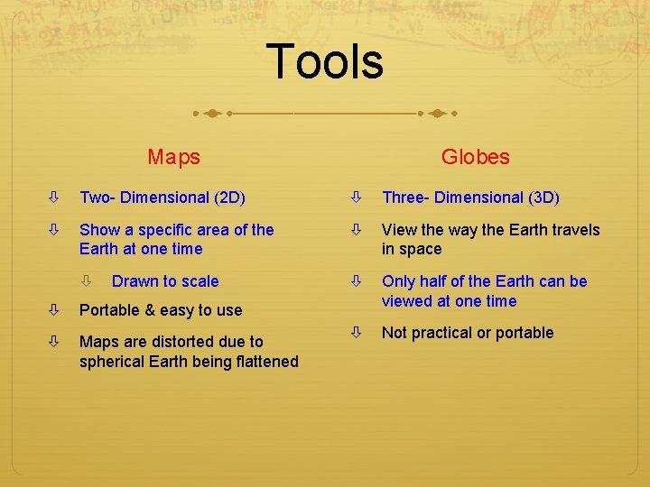 Tools Maps Globes Two- Dimensional (2 D) Three- Dimensional (3 D) Show a specific