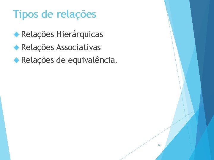 Tipos de relações Relações Hierárquicas Relações Associativas Relações de equivalência. 10 