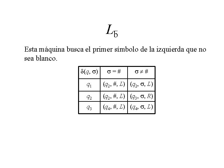 Lb Esta máquina busca el primer símbolo de la izquierda que no sea blanco.