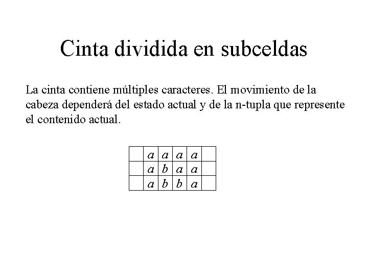 Cinta dividida en subceldas La cinta contiene múltiples caracteres. El movimiento de la cabeza