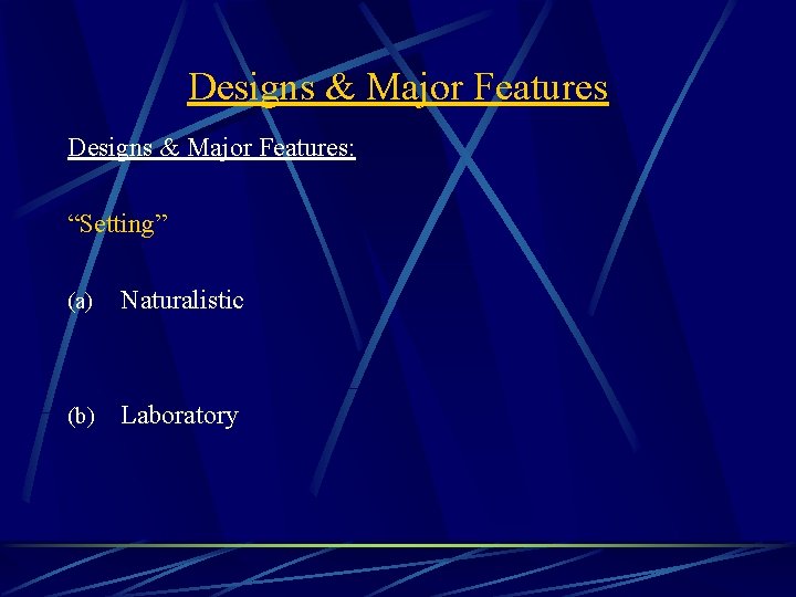 Designs & Major Features: “Setting” (a) Naturalistic (b) Laboratory 