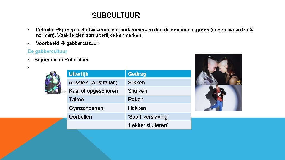 SUBCULTUUR • Definitie groep met afwijkende cultuurkenmerken dan de dominante groep (andere waarden &