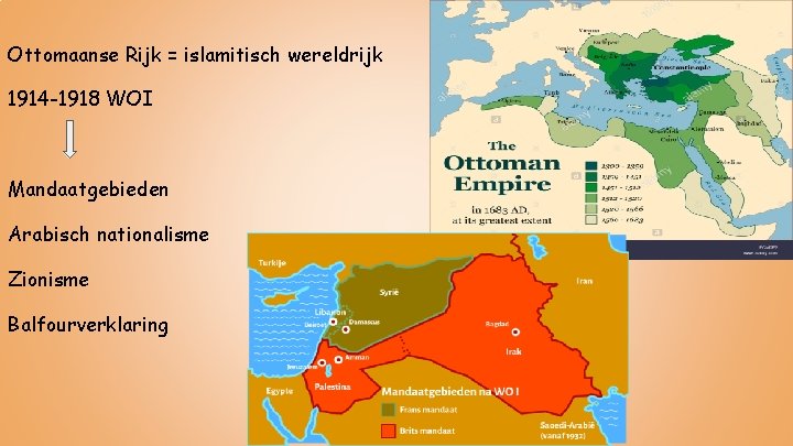 Ottomaanse Rijk = islamitisch wereldrijk 1914 -1918 WOI Mandaatgebieden Arabisch nationalisme Zionisme Balfourverklaring 
