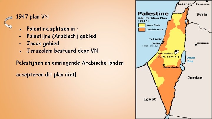 1947 plan VN ● ● Palestina splitsen in : Palestijns (Arabisch) gebied Joods gebied