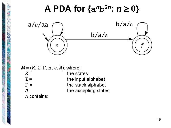 A PDA for {anb 2 n: n 0} M = (K, , s, A), A PDA for {anb 2 n: n 0} M = (K, , s, A),