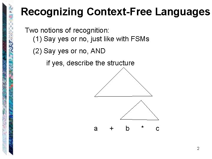 Recognizing Context-Free Languages Two notions of recognition: (1) Say yes or no, just like Recognizing Context-Free Languages Two notions of recognition: (1) Say yes or no, just like