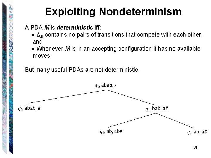 Exploiting Nondeterminism A PDA M is deterministic iff: ● M contains no pairs of Exploiting Nondeterminism A PDA M is deterministic iff: ● M contains no pairs of