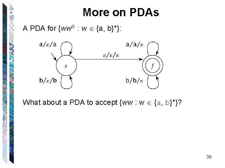 More on PDAs A PDA for {ww. R : w {a, b}*}: What about More on PDAs A PDA for {ww. R : w {a, b}*}: What about