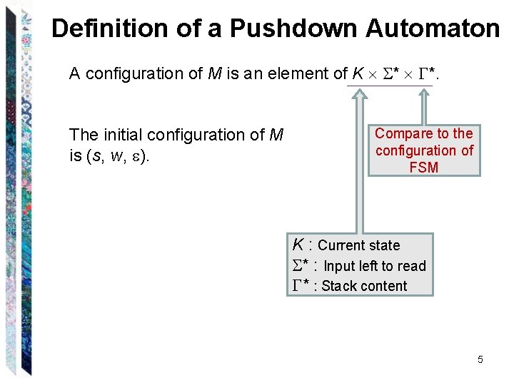 Definition of a Pushdown Automaton A configuration of M is an element of K Definition of a Pushdown Automaton A configuration of M is an element of K