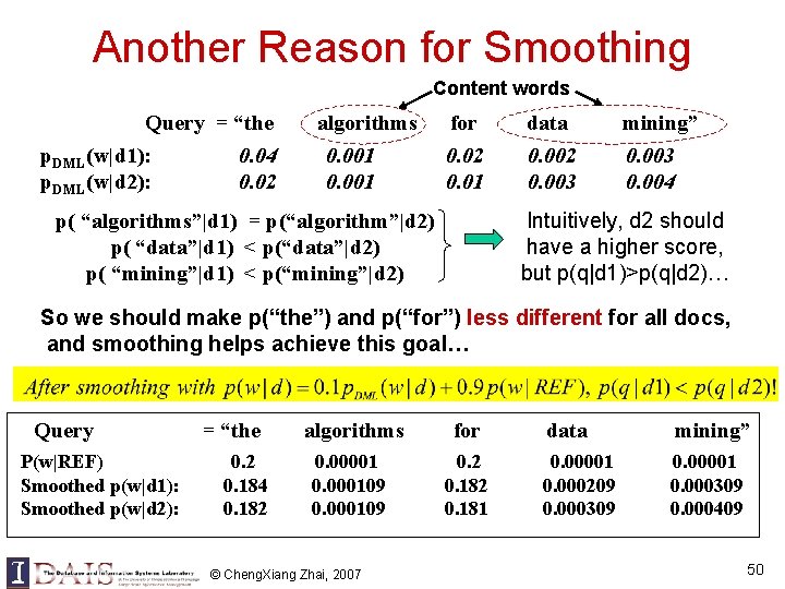 Another Reason for Smoothing Content words Query = “the p. DML(w|d 1): p. DML(w|d Another Reason for Smoothing Content words Query = “the p. DML(w|d 1): p. DML(w|d