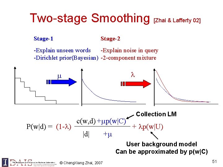 Two-stage Smoothing [Zhai & Lafferty 02] Stage-2 Stage-1 -Explain noise in query -Explain unseen
