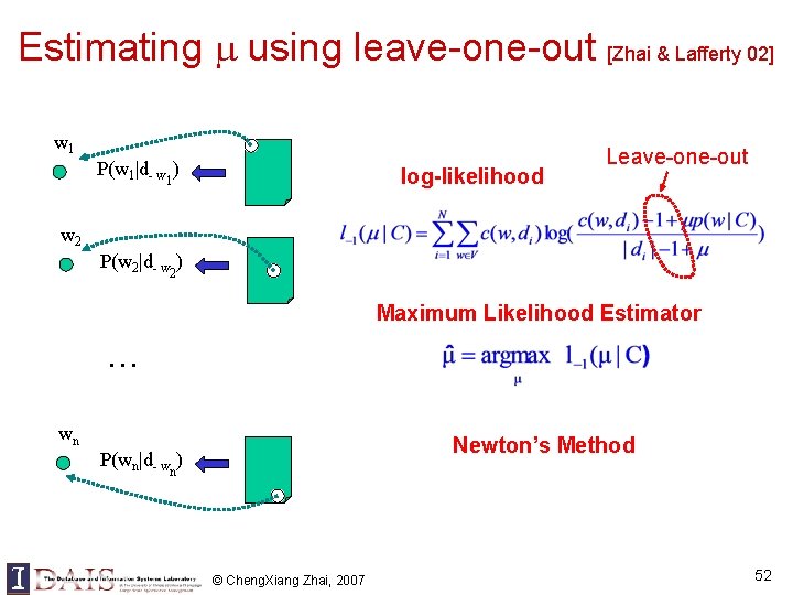 Estimating using leave-one-out [Zhai & Lafferty 02] w 1 P(w 1|d- w 1) log-likelihood