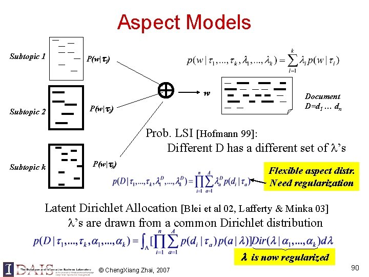 Aspect Models Subtopic 1 Subtopic 2 P(w| 1) P(w| 2) w Document D=d 1 Aspect Models Subtopic 1 Subtopic 2 P(w| 1) P(w| 2) w Document D=d 1
