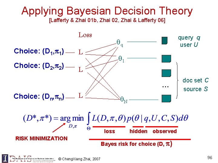 Applying Bayesian Decision Theory [Lafferty & Zhai 01 b, Zhai 02, Zhai & Lafferty Applying Bayesian Decision Theory [Lafferty & Zhai 01 b, Zhai 02, Zhai & Lafferty