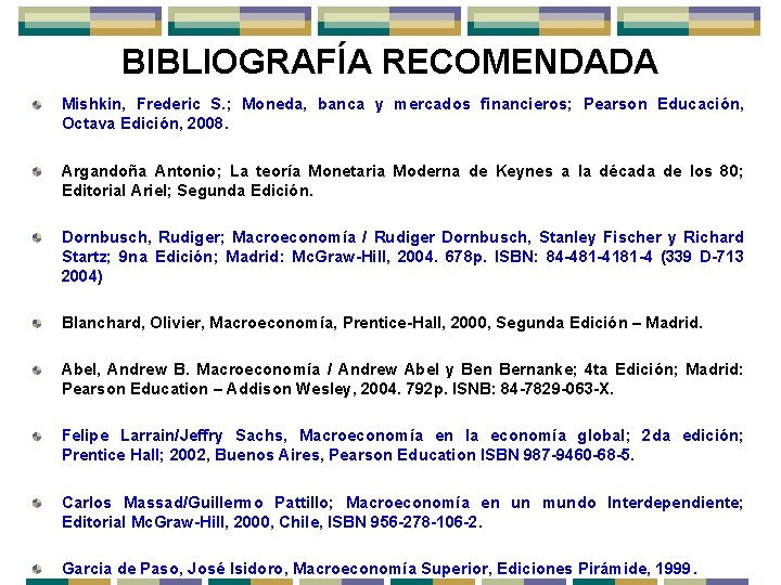 BIBLIOGRAFÍA RECOMENDADA Mishkin, Frederic S. ; Moneda, banca y mercados financieros; Pearson Educación, Octava