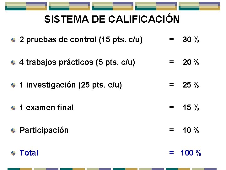 SISTEMA DE CALIFICACIÓN 2 pruebas de control (15 pts. c/u) = 30 % 4
