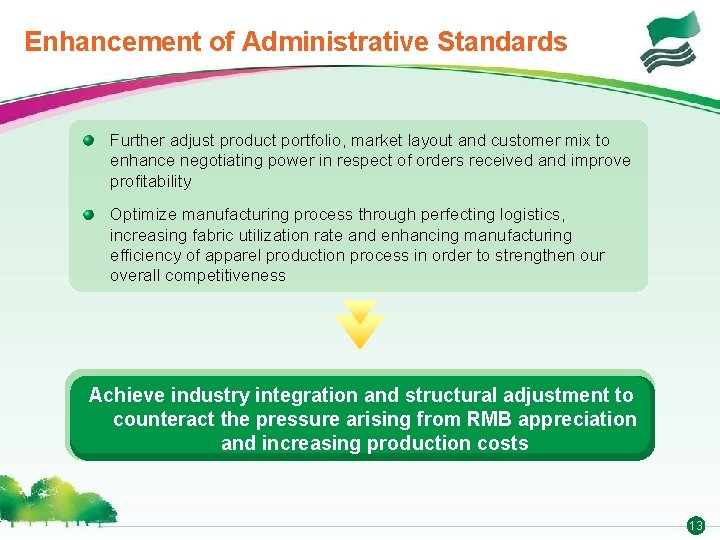 Enhancement of Administrative Standards Further adjust product portfolio, market layout and customer mix to