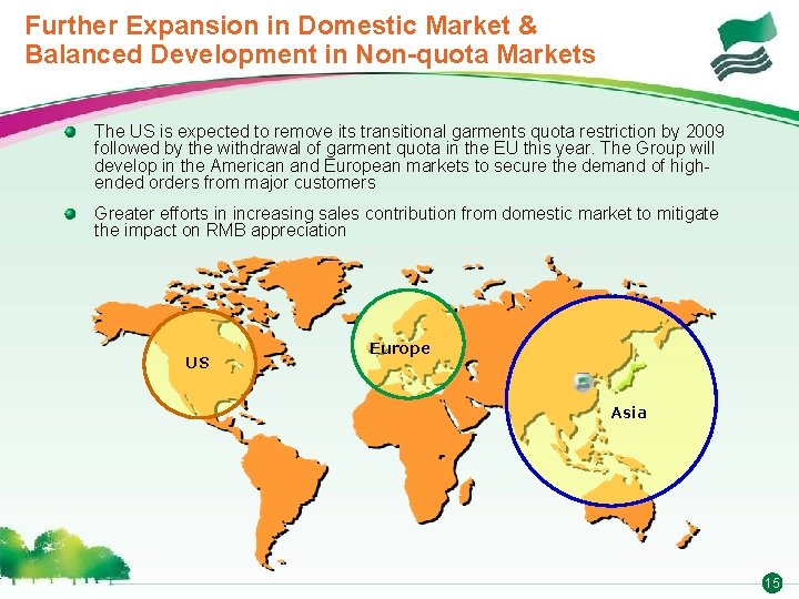 Further Expansion in Domestic Market & Balanced Development in Non-quota Markets The US is