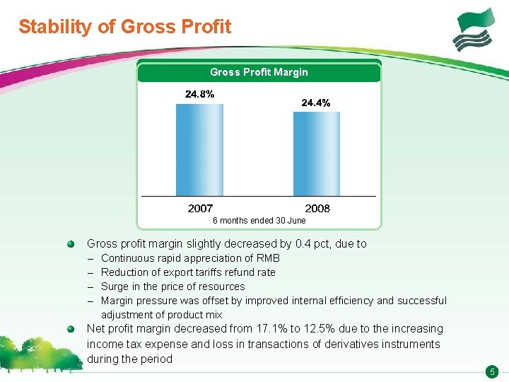Stability of Gross Profit Margin 6 months ended 30 June Gross profit margin slightly