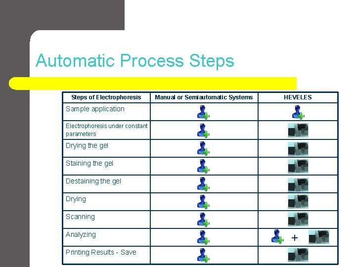 Automatic Process Steps of Electrophoresis Manual or Semiautomatic Systems HEVELES Sample application Electrophoresis under Automatic Process Steps of Electrophoresis Manual or Semiautomatic Systems HEVELES Sample application Electrophoresis under