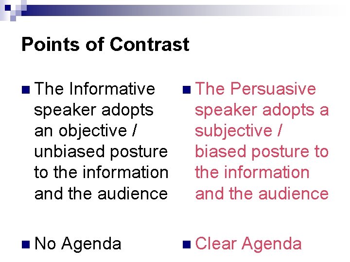 Points of Contrast n The Informative speaker adopts an objective / unbiased posture to