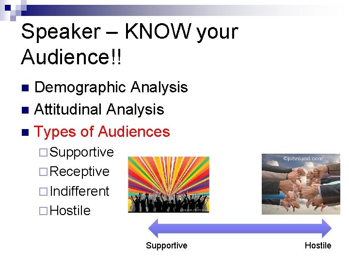 Speaker – KNOW your Audience!! Demographic Analysis n Attitudinal Analysis n Types of Audiences