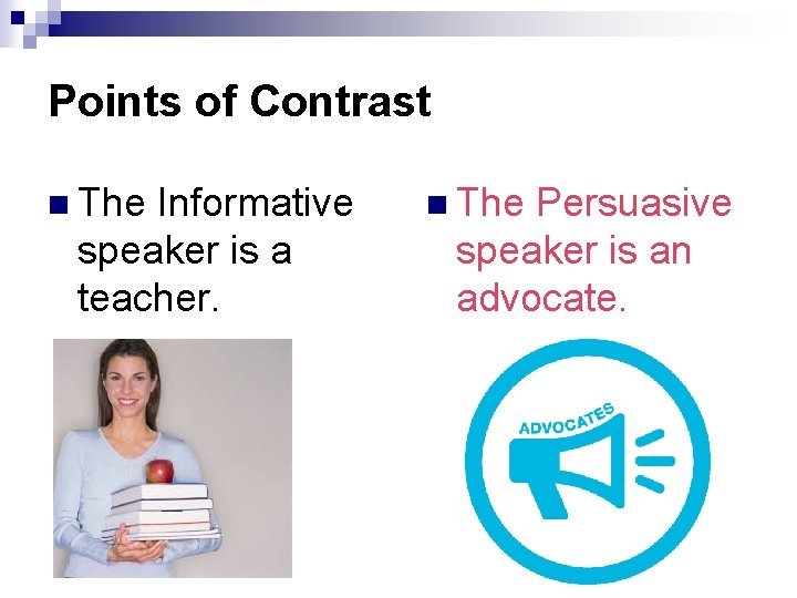 Points of Contrast n The Informative speaker is a teacher. n The Persuasive speaker