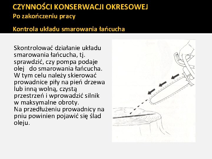 CZYNNOŚCI KONSERWACJI OKRESOWEJ Po zakończeniu pracy Kontrola układu smarowania łańcucha Skontrolować działanie układu smarowania