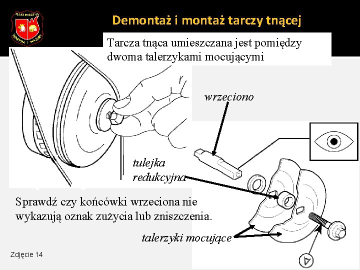 Demontaż i montaż tarczy tnącej Tarcza tnąca umieszczana jest pomiędzy dwoma talerzykami mocującymi wrzeciono