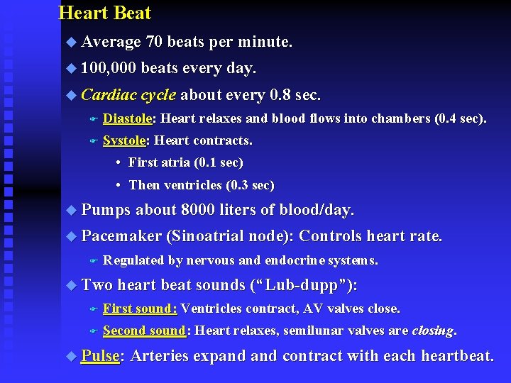 Heart Beat u Average 70 beats per minute. u 100, 000 beats every day.