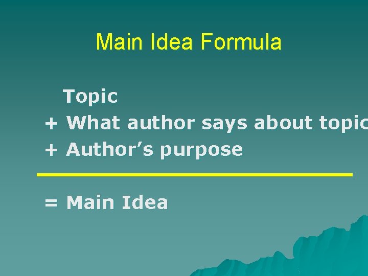 Main Idea Formula Topic + What author says about topic + Author’s purpose =