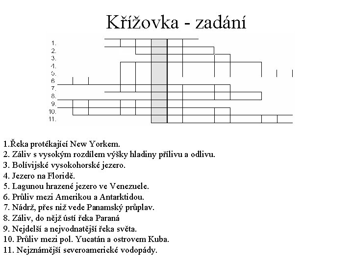 Křížovka - zadání 1. Řeka protékající New Yorkem. 2. Záliv s vysokým rozdílem výšky