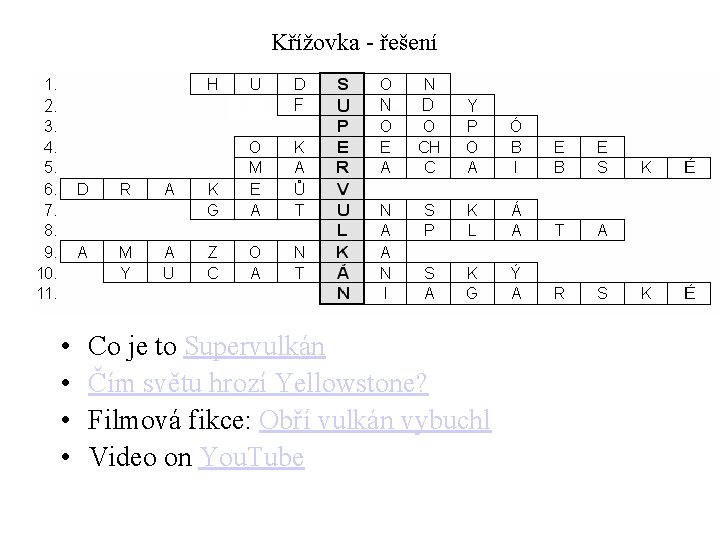 Křížovka - řešení • • Co je to Supervulkán Čím světu hrozí Yellowstone? Filmová