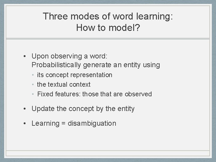 Three modes of word learning: How to model? • Upon observing a word: Probabilistically
