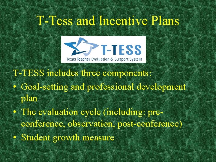 T-Tess and Incentive Plans T-TESS includes three components: • Goal-setting and professional development plan