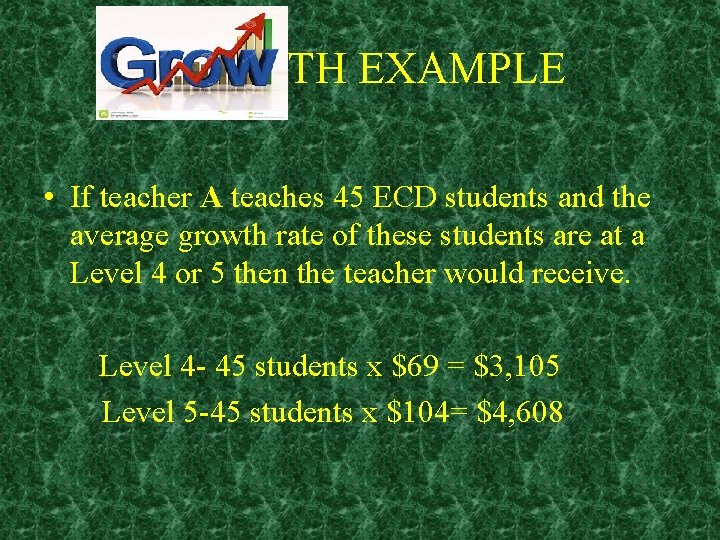 GROWTH EXAMPLE • If teacher A teaches 45 ECD students and the average growth