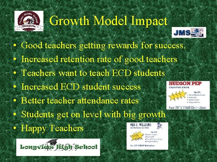 Growth Model Impact • • Good teachers getting rewards for success. Increased retention rate