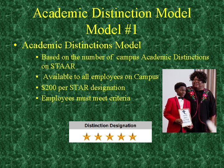 Academic Distinction Model #1 • Academic Distinctions Model • Based on the number of