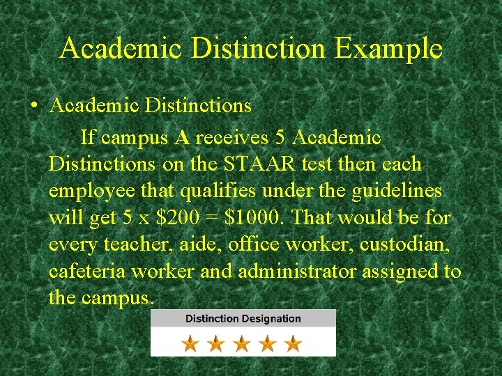 Academic Distinction Example • Academic Distinctions If campus A receives 5 Academic Distinctions on