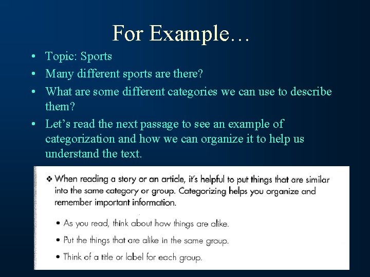 For Example… • Topic: Sports • Many different sports are there? • What are