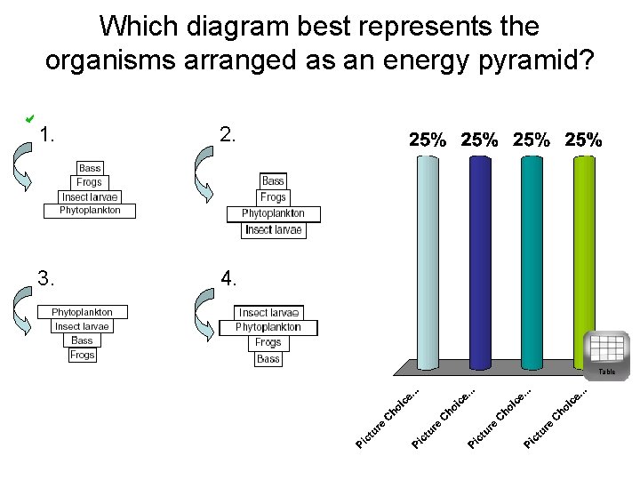 Which diagram best represents the organisms arranged as an energy pyramid? 1. 2. 3.