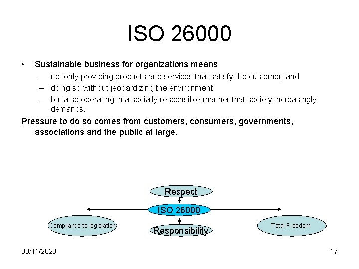 ISO 26000 • Sustainable business for organizations means – not only providing products and