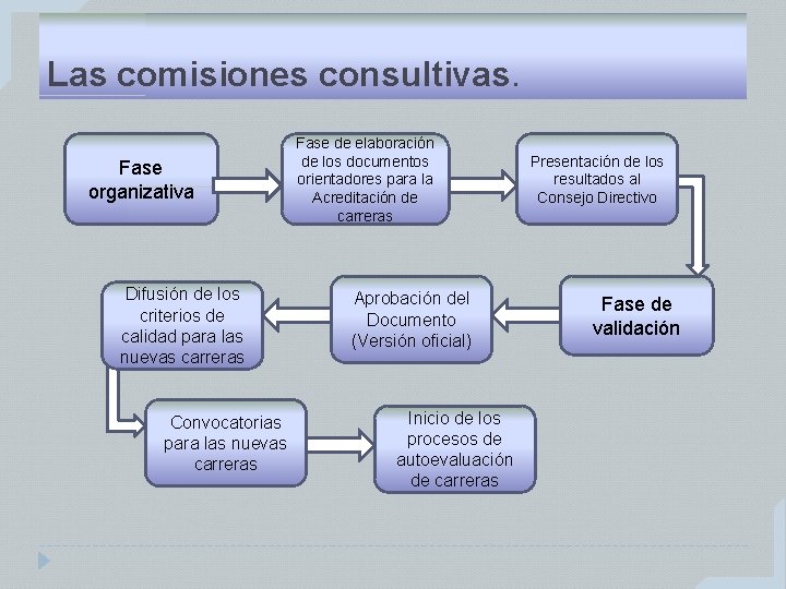 Las comisiones consultivas. Fase organizativa Difusión de los criterios de calidad para las nuevas