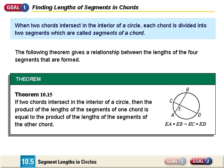 Finding Lengths of Segments in Chords When two chords intersect in the interior of